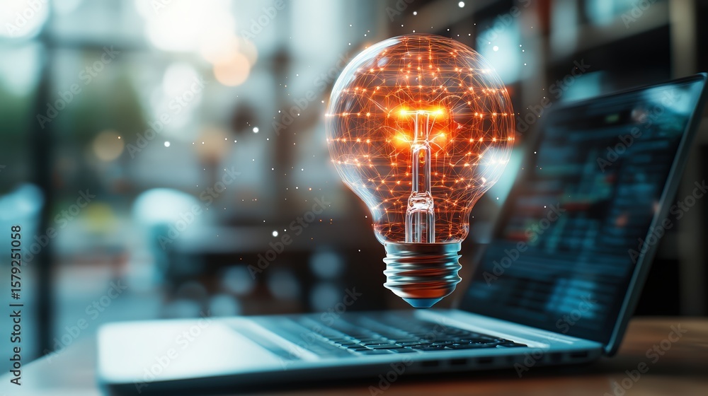 Poster innovative illuminated light bulb hologram floating over laptop with digital interface in modern wor