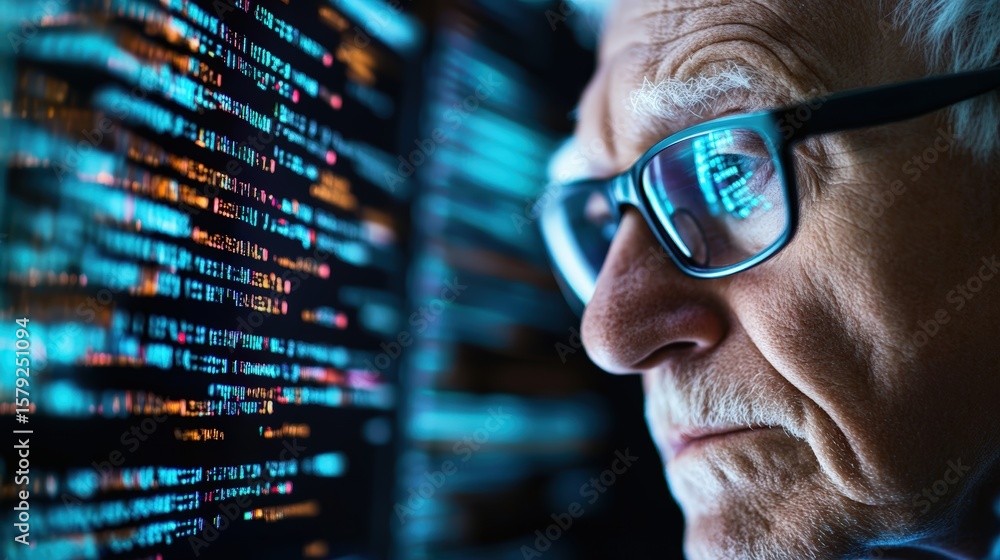 Poster close-up of an elderly man wea glasses analyzing colorful computer code on screen in a dark environm
