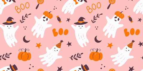 Halloween Cute Girly Ghost Pink Seamless Pattern