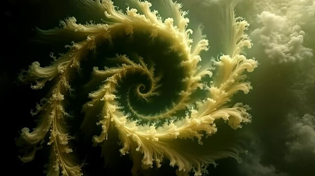 A dense fog of color morphs and spirals, revealing the spiral helix of noise hazy abstract fractal plasma, cloaked in dark emerald greens and soft creams, all accentuated by a slow, spiraling