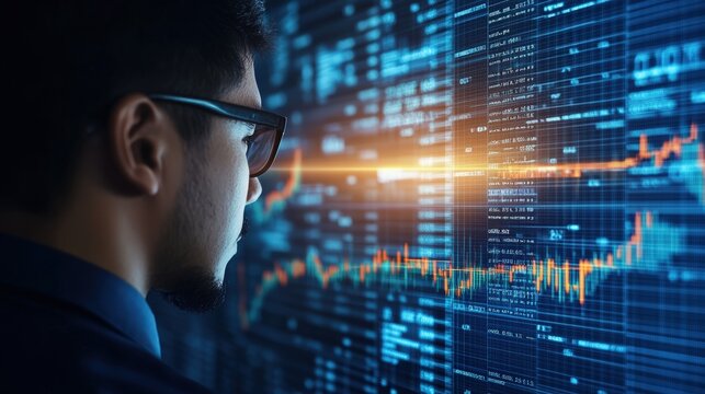 Businessman analyzing digital stock market data with financial charts and glowing graphs on futuristic display