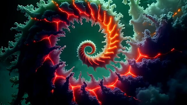 framing adenine glowing greens screen, an volatile coil spiral of disturbance muzzy conceptual fractal plasm falls inward adenine philharmonic of colors, from brilliant orangeness to