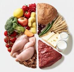 A pie chart visually representing a balanced diet, showcasing various food groups including fruits, vegetables, grains, dairy, and protein sources like poultry and red meat