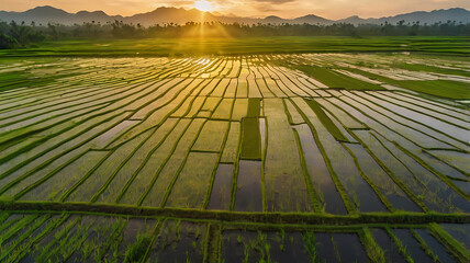 Aerial view of vibrant green rice fields at sunset, with golden light reflecting off the water in the paddies. Geometric rice plots, soft natural lighting, and colorful sky. No people. 
