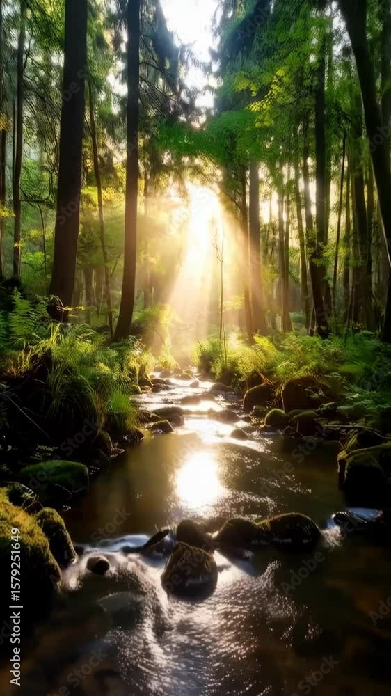 Poster sunlight streams through trees, illuminating a flowing stream with mossy rocks in a vibrant forest, 