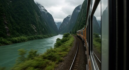Scenic Train Journey Through Lush Green Valley Alongside Winding River