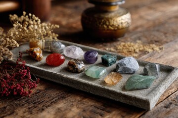 A grey rectangular tray displays an array of colorful tumbled stones,  surrounded by dried flowers and an antique-looking vessel on a rustic wooden surface.