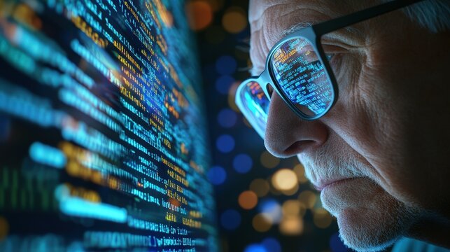 Senior man wea glasses analyzing computer code on a digital screen with colorful data and cybersecurity themes