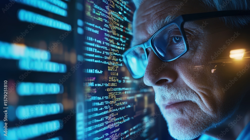 Poster close-up of a senior man in glasses analyzing computer code on a digital screen with concentration a