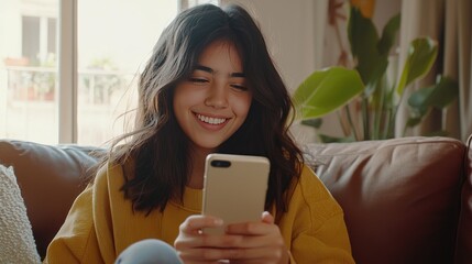 Young woman using smartphone on couch
