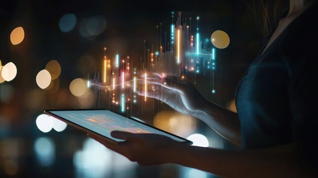 Woman analyzing financial data at night in a city