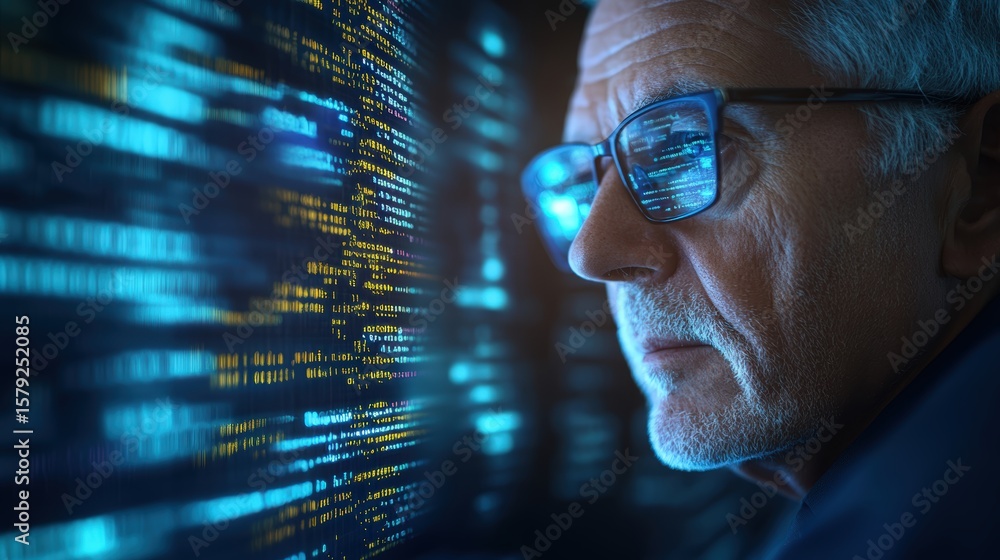 Poster senior man wea glasses analyzing digital data and code on a futuristic computer screen with a seriou