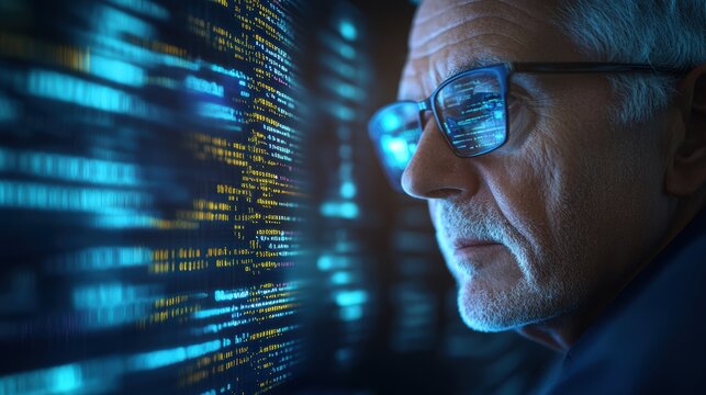 Senior man wea glasses analyzing digital data and code on a futuristic computer screen with a serious expression
