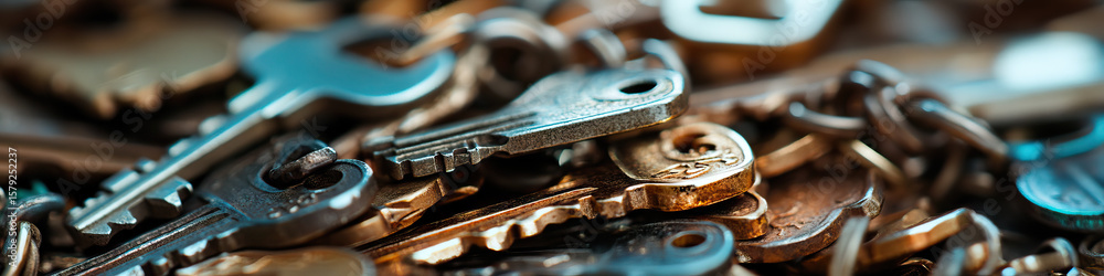 Poster close-up photograph of multiple keys in a pile