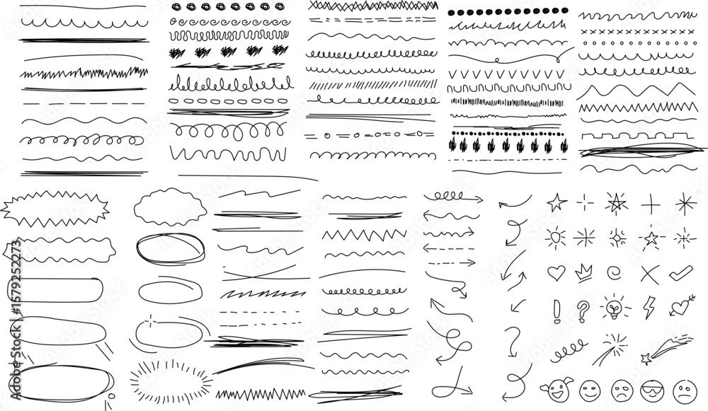 Poster a collection of hand drawn doodle lines shapes and other elements in black and white for design use