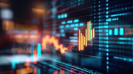 Obraz premium Digital stock market graph with colorful trading chart data and glowing abstract financial analysis backdrop