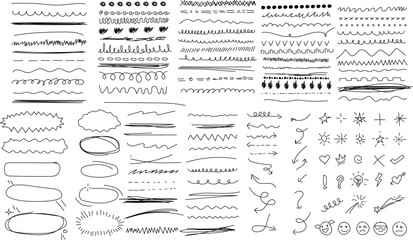 A collection of hand drawn doodle lines shapes and other elements in black and white for design use