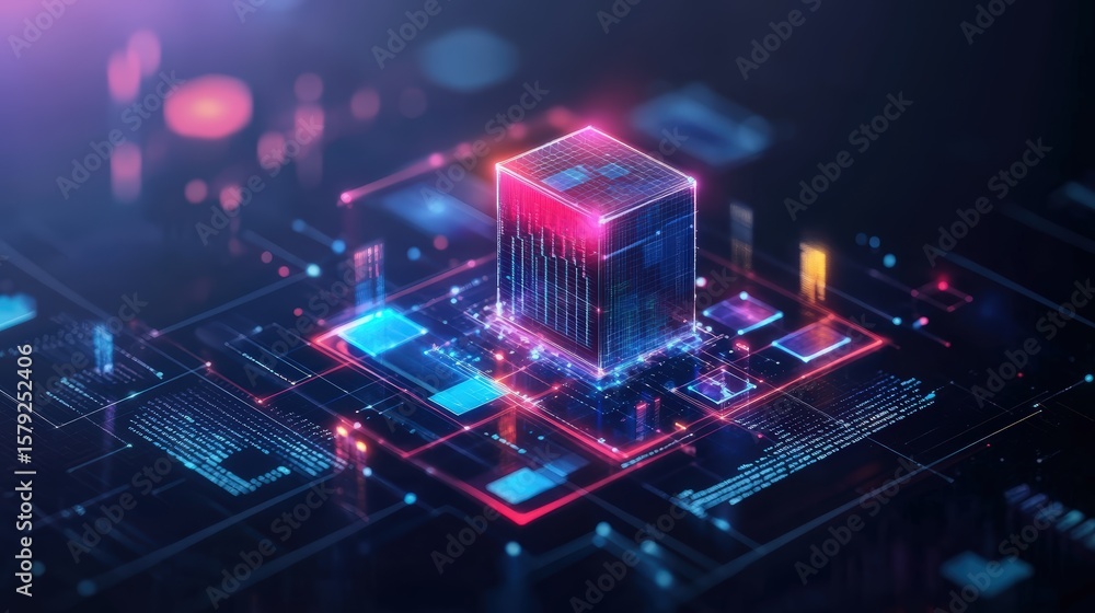 Poster futuristic digital technology concept featu a glowing illuminated cube surrounded by cyber network e