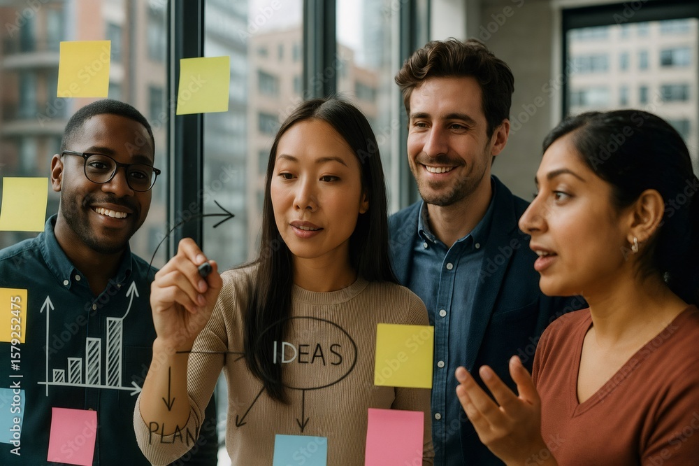 Poster diverse marketing team brainstorming and collaborating with colorful sticky notes on a glass wall in