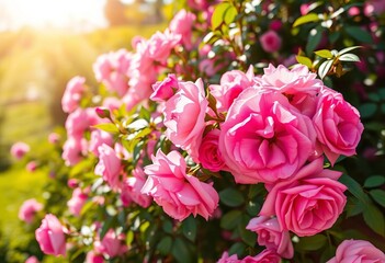 Lush pink rose bush in full bloom, vibrant summer sunlight,  nature,  flora