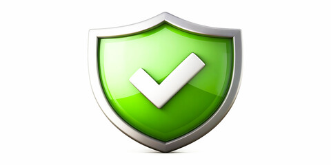 Green Shield Icon. A Glossy Green Shield Featuring a White Checkmark Symbolizes Security.