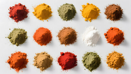 Obraz premium Collection of colorful spice powders arranged in a circle or grid pattern, isolated on white background