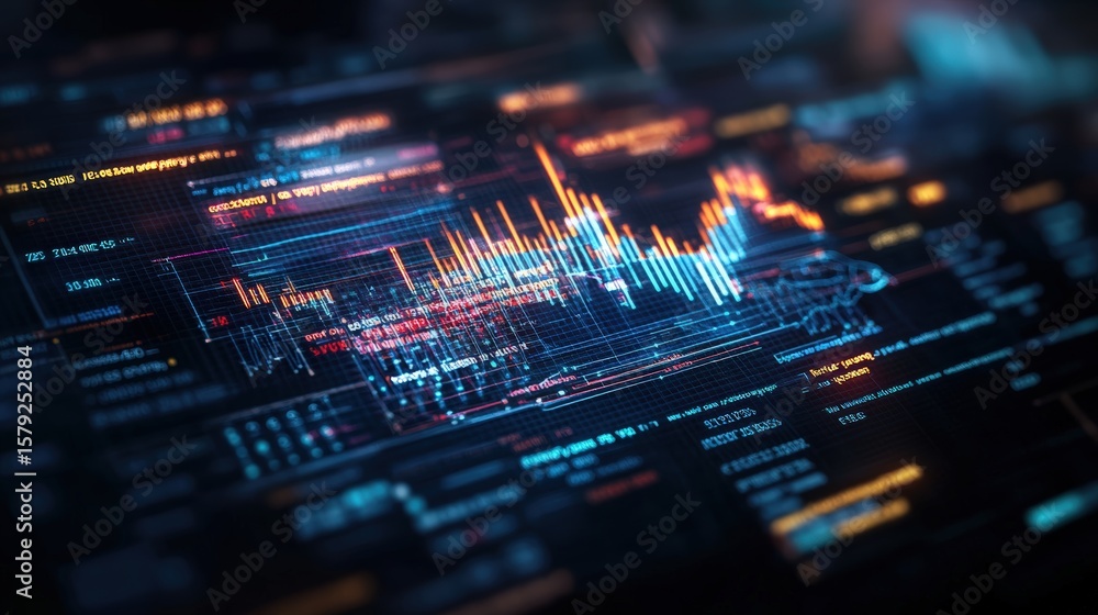 Poster digital financial chart with colorful data points and glowing interface representing stock market an