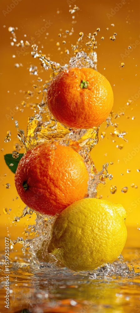 Poster two oranges and a lemon splash into water against a vibrant orange background, creating a dynamic an