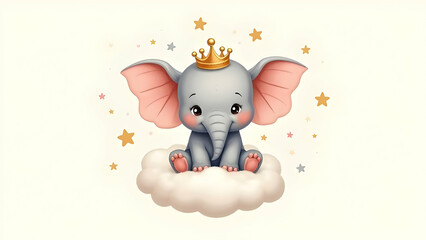 Fototapeta premium An Adorable Cartoon Baby Elephant Wearing a Golden Crown, Sitting Happily on a Fluffy White Cloud Amidst Sparkling Stars in a Soft Blue Sky.