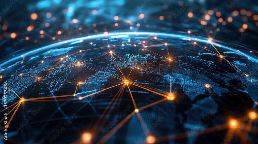 Poster futuristic digital globe with connected glowing network lines illustrating global connectivity and a