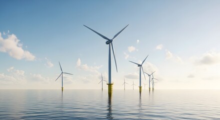 Offshore Wind Farm at Sunset Renewable Energy Production in Open Waters with Clear Skies and Coastal Windmills