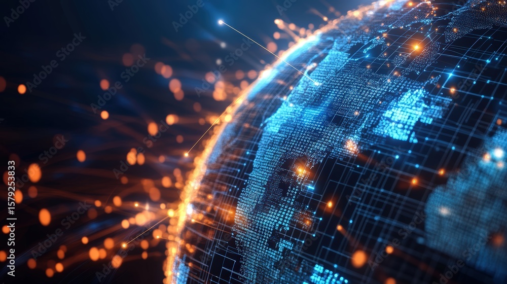 Poster futuristic digital globe with glowing data points and network lines representing technology and conn
