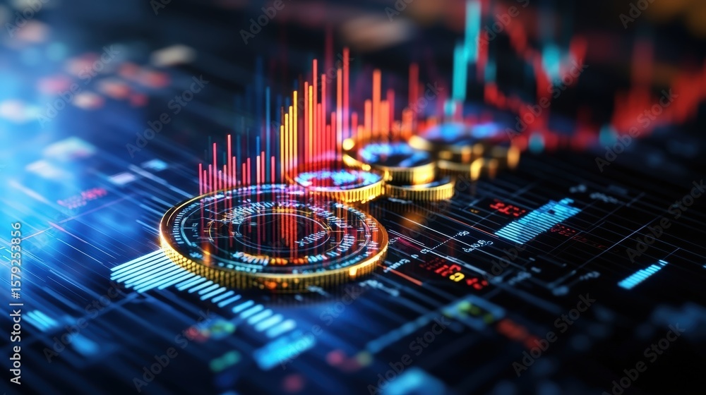 Poster high tech financial data visualization with digital graphs and coin illustrations for stock market a