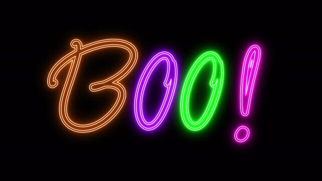 Glowing Neon BOO! sign. Boo text with illuminated neon light. Colorful luminous and shimmering haze inside the letters of the text Boo. Creepy Design for Halloween Holiday Celebration Designs.