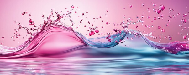 Colorful pink and blue liquid splashes creating dynamic waves and droplets against a matching gradient background.