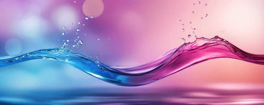 A dynamic, colorful splash of blue and pink water intertwines mid-air against a soft, gradient background, creating a fluid and vibrant visual contrast.