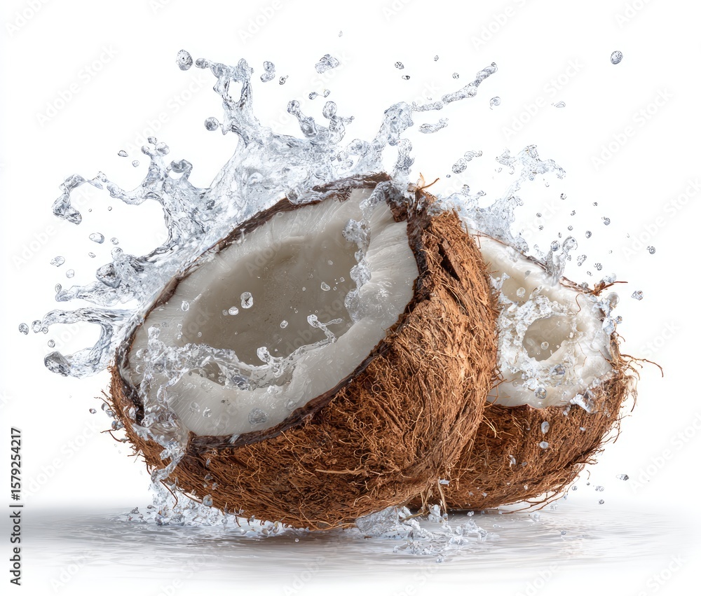 Aufkleber two halved coconuts submerged in a dynamic splash of clear water against a stark white background