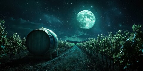 A glowing full moon illuminates a vineyard at night, casting shadows on rows of grapevines under a starry sky.