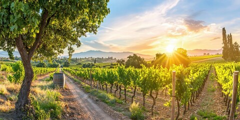 Naklejka premium A vibrant vineyard at sunrise with lush green grapevines, a tree in the foreground, and sun rays illuminating the scenic landscape.