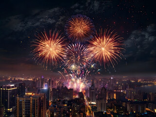 Naklejka premium City Celebrations A Nighttime Spectacle of Fireworks over the Skyline, illuminating the cityscape with vibrant colors and festive energy.