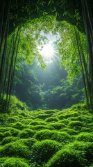 Nature Scene with Tall Bamboo Trees Forming a Dense Canopy Wallpaper