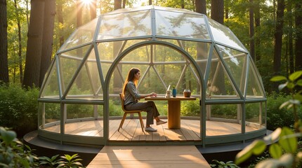 Professional woman on laptop in a modern geodesic dome, surrounded by a serene forest at golden hour. Harmonizing remote work with nature and technology.