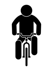 Stick figure stickman icon. human silhouettes. man with bicycle. man is exercising cycling. front view.