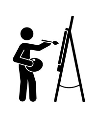 Stick figure stickman icon. human silhouettes. artist with a brush. stick man is painting.