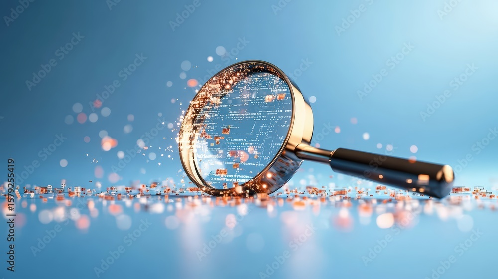 Aufkleber close-up of a magnifying glass with digital data reflection on blue background for technology and re
