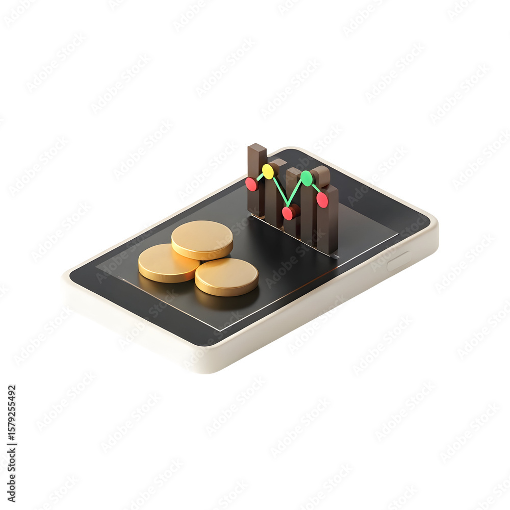 Poster gold coins and stock graph on phone isolated on a transparent background