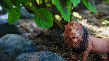 Lion toy, close up of a brown rubber lion toy with a background of plants, soil and rocks