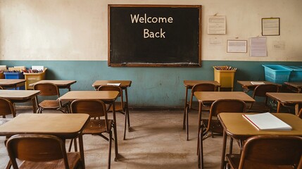 Empty Classroom with Welcome Back Message on Blackboard, Desks and Chairs.