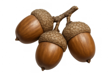 Ripe acorns dangling from oak branch, clustered together against transparent backdrop, embodying seasonal woodland essence