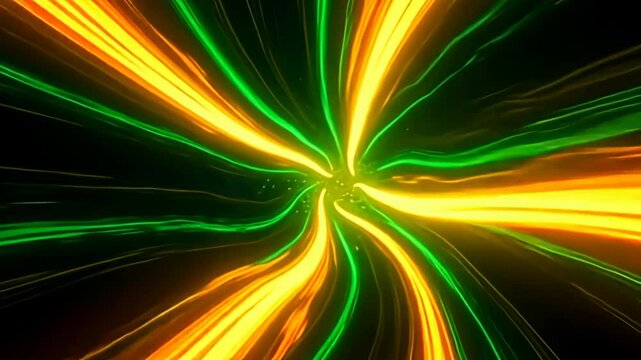 Emphasizing dynamic movement, twisting ribbons of noise hazy abstract in magnetic flux dissect the frame with bold strokes of bright green and orange, the animation darts and whirls,